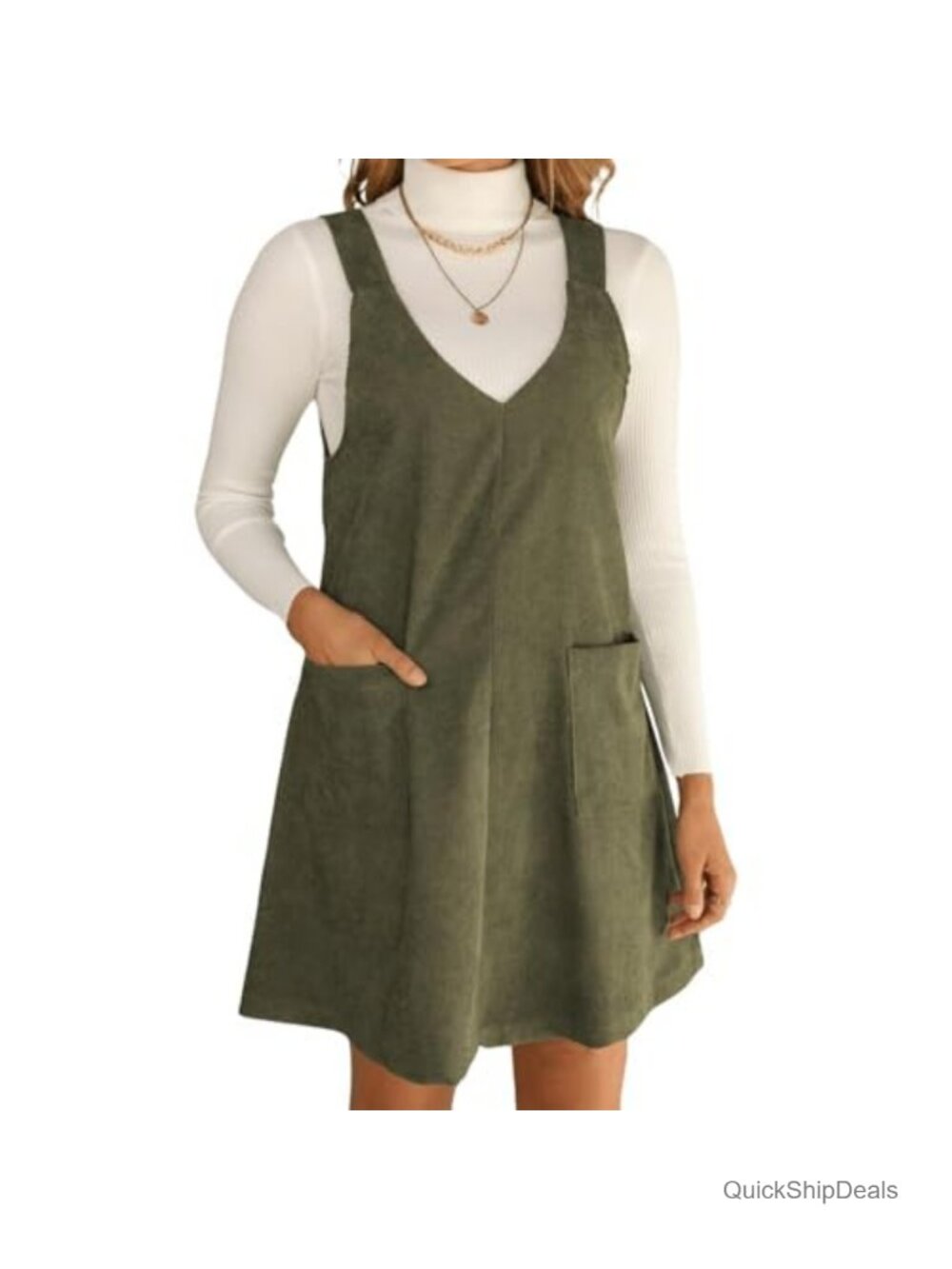 Women's Corduroy A-Line V-Neck Sleeveless Overall Dress with Pockets